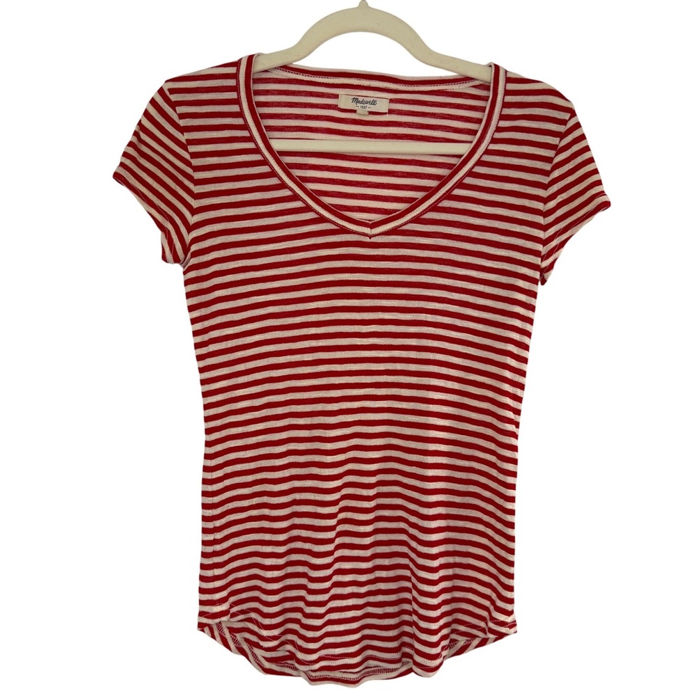 Madewell T-Shirt Womens Small Red White Excellent Striped V-Neck Curved Hem